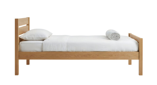 Simple wooden single bed with white bedding and rolled towel