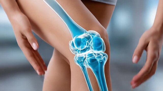 Knee Joint Pain Illustration: A skeletal illustration highlights a human knee joint, with a hand gently touching the area, suggesting discomfort or pain.
