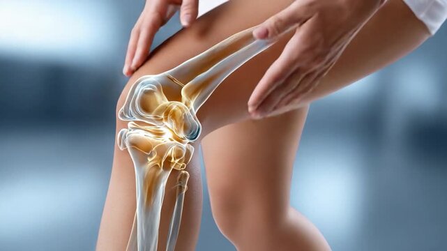 Anatomical Knee Joint Detail: A close-up view highlights the intricate structure of a human knee joint, revealing the femur, tibia, and patella with an overlay of the skeletal system.
