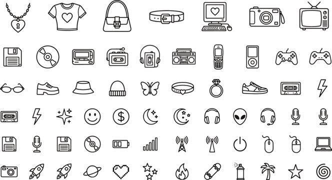 Y2K aesthetic aesthetic line icon set featuring retro tech fashion lifestyle elements and 2000s internet culture objects vector illustration