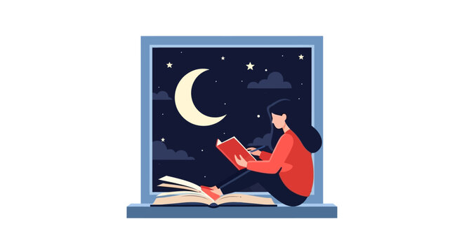Person Reading Book by Moonlight Through Window Frame.