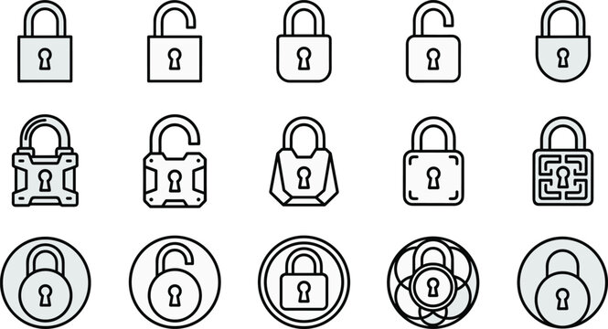 Padlock Icon Vector Set Representing Security, Privacy, and Access Control in Modern DesignPadlock Icon Vector Set Representing Security, Privacy, and Access Control in Modern Design