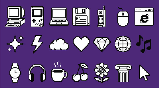 Retro eight bit pixel art technology and nostalgic internet aesthetic icons set for old school gaming designs vector illustration