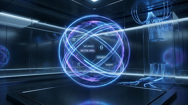 Futuristic Holographic Sphere Displaying Mathematical Geometry Concepts with Glowing Blue Neon Lines