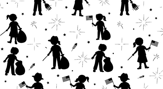 Children cleaning up after parade with trash bags silhouette