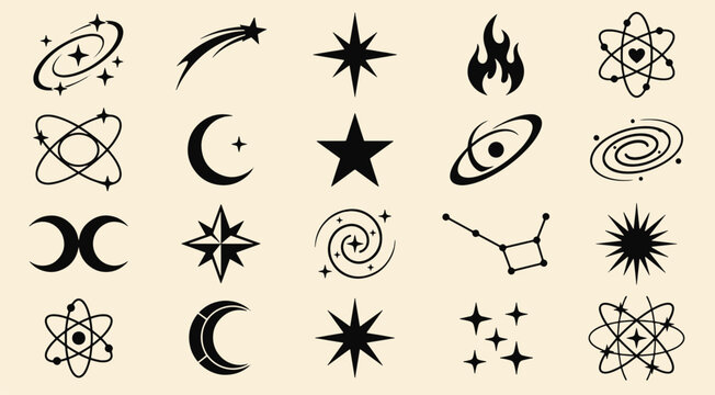 Celestial and cosmic vector elements featuring stars crescent moons galaxies constellations and atomic symbols for mystical or sci-fi graphic vector illustration