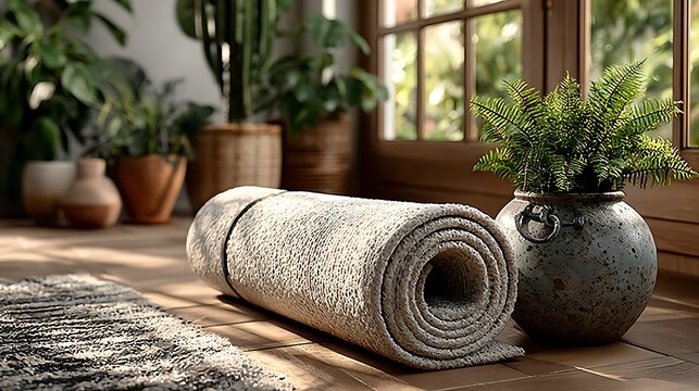 Yoga mat and green plant by window bright minimal home studio images