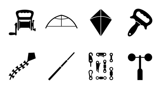 Kite Flying Equipment Icons, Outdoor Recreation Tools, Wind Measurement Devices, Vector Graphics Set