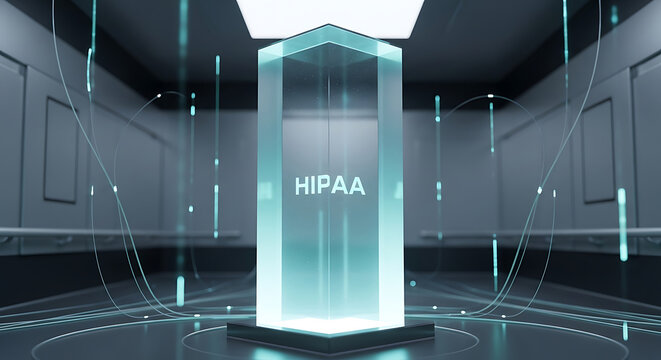 Futuristic HIPAA compliance concept with a glowing glass pillar in a hightech data center symbolizing medical privacy and patient data security