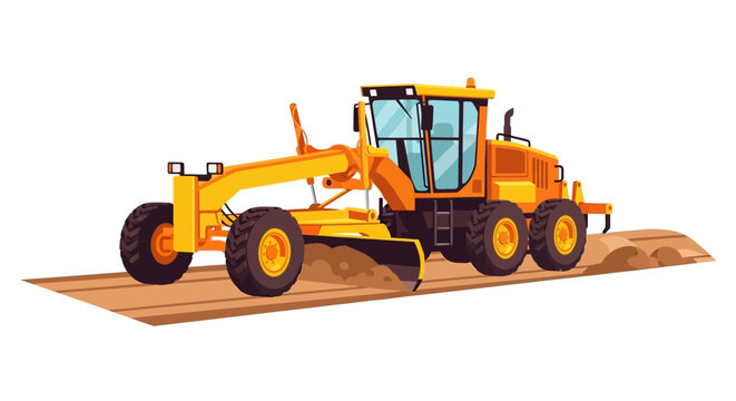 Yellow Motor Grader Illustration Leveling Earth on Construction Site. Professional Heavy Machinery Vector for Road Maintenance and Earthmoving Projects.