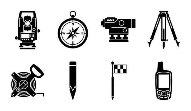 Surveying Equipment Icons, Topographic Tools Set, Precision Measurement Devices, Engineering Instruments Collection