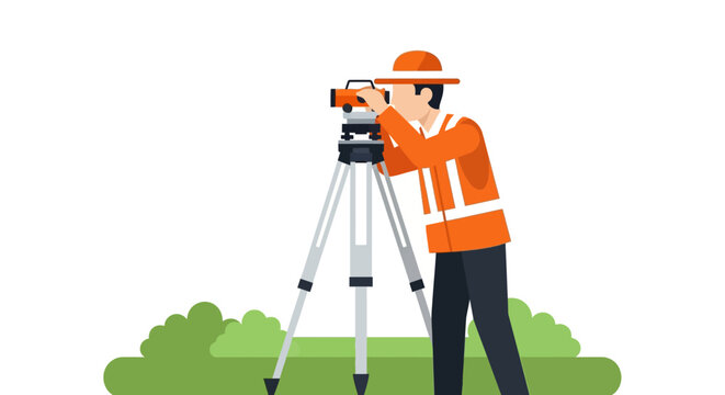 Land Surveyor Engineer Using Total Station Theodolite on Tripod Vector Illustration for Construction and Civil Engineering