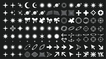 Y2K retro futuristic vector icons pack with chrome stars planets grids crosshairs arrows and acid graphic design elements vector illustration © Abul