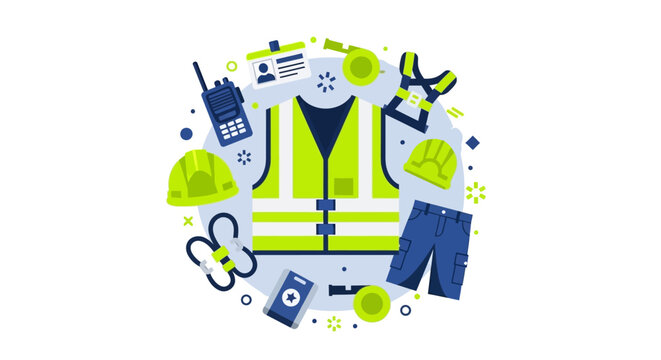 Occupational Safety and Health (OSH) Equipment Flat Vector Illustration - Personal Protective Equipment (PPE) Set with High Visibility Vest, Hard Hat, and Radio
