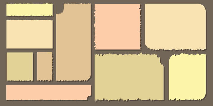 A set of torn pieces of paper with jagged edges on a dark background. Fragments of vintage paper scraps. Vector.