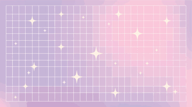 Y2K aesthetic pastel purple grid background with nostalgic vaporwave gradient mesh and glowing retro sparkle star vector illustration