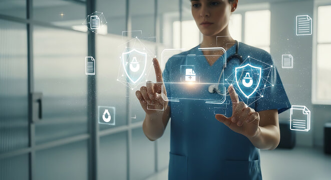 Professional female doctor managing secure patient data on futuristic digital interface for HIPAA compliance medical privacy and protected health