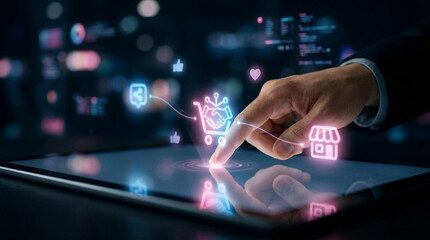 Fototapeta premium Digital commerce and online shopping experience, hand interacting with touchscreen displaying e-commerce icons, symbolizing virtual marketplace and customer engagement