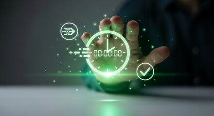 Fototapeta premium Abstract glowing green digital clock and icons symbolizing time management and productivity, signifying efficiency and punctuality