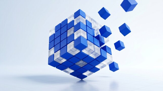 A large cube composed of blue and white smaller cubes, with some blue cubes breaking away.
