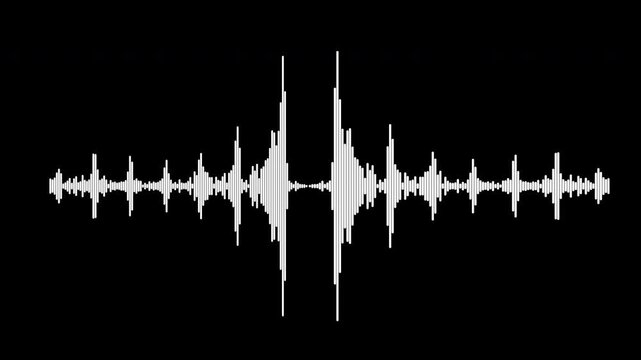 Minimal white audio spectrum motion graphic on black background, 4k seamless loop sound wave, voice signal waveform, sound equealizer, animated sound wave spectrum with alpha