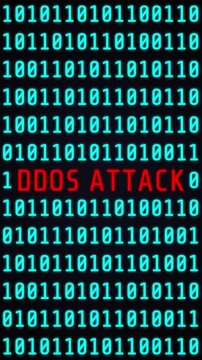 Vertical loop animation with DDOS attack warning and binary code. Abstract cyber security concept for network threats, hacking, and digital technology visuals.