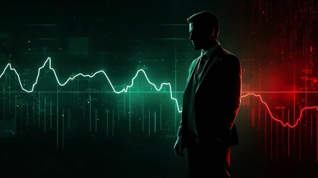 Businessman analyzing financial market fluctuations on a digital display background representing economic data trends in this dynamic motion video clip