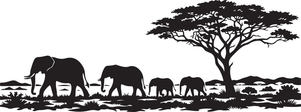 Black silhouette elephant family walking, savannah landscape vector illustration, wildlife icons, safari animals
