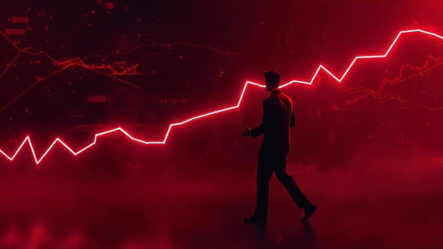 Businessman walking past glowing red financial market crash graph in dark digital motion background for economic crisis video footage