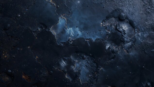 Abstract Close-Up of Dark Blue and Black Oil Spill with Shiny Surface and Bubbles