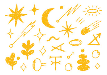 Hand drawn vector illustration of celestial moon stars and rockets, © Rujon