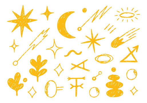 Hand drawn vector illustration of celestial moon stars and rockets,