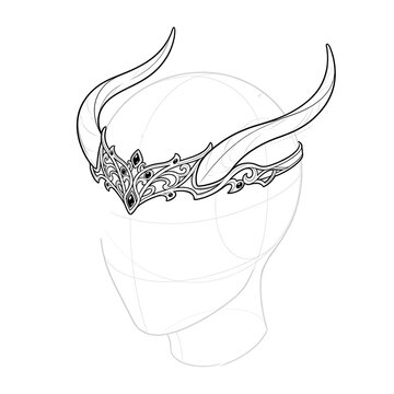 Hand drawn sketch of ornamental slender horns wrapped around a mystical forehead circlet on dummy head, 3/4 view.
