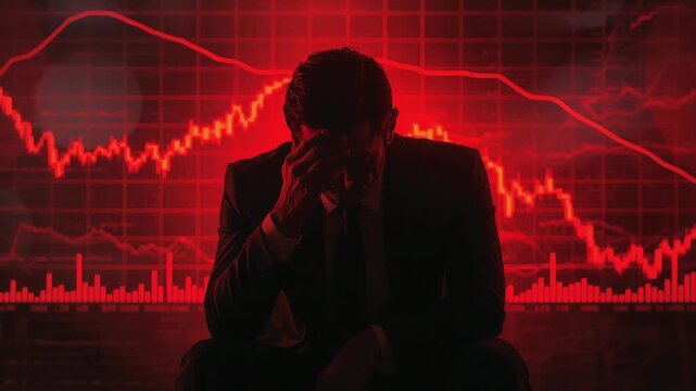 Stressed businessman silhouette facing financial market crash with red downward trend charts in this cinematic motion background video clip