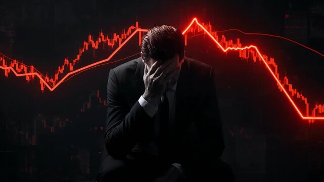 Businessman suffering financial crisis with red stock market crash graph in background motion video for professional corporate investment projects