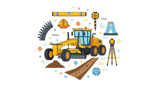 Construction Motor Grader Illustration with Road Building Equipment and Civil Engineering Tools for Infrastructure Development Projects