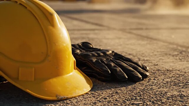 Yellow hard hat and leather gloves on construction site ground
