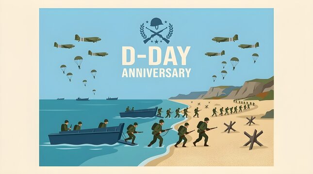 D-Day Anniversary Vector Illustration of WWII Normandy Landings on Beach with Soldiers Troops Planes and Paratroopers