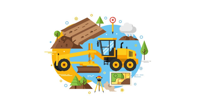 Flat Vector Illustration of a Yellow Motor Grader Working on Road Construction Site with Surveying Equipment and GPS Map for Civil Engineering and Infrastructure Projects