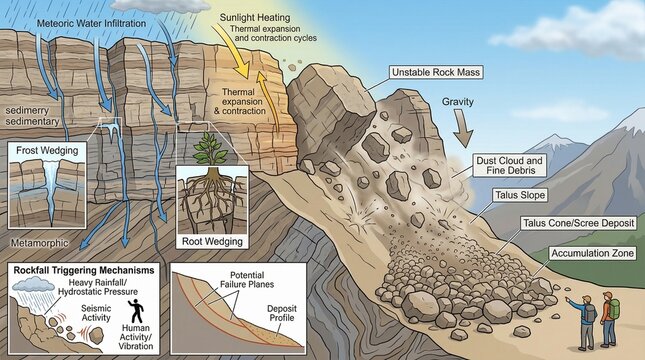 Educational diagram of rockfall and landslide processes, illustrating natural triggers and geological mechanisms causing slope instability