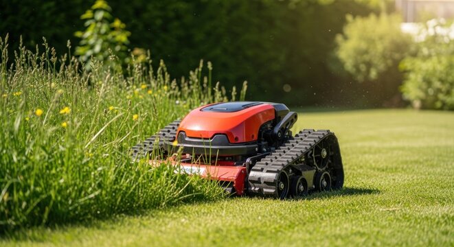 Autonomous Robotic Lawn Mower Navigating Tall Grass in a Sunny Garden.