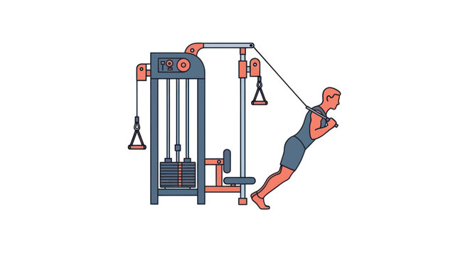 Man Performing Cable Tricep Pushdown Vector Illustration