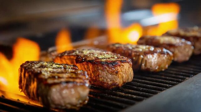 Sizzling Steaks on the Grill: Juicy, thick-cut steaks are grilled to perfection over an open flame, showcasing the enticing char marks and mouthwatering appeal of a delicious meal.