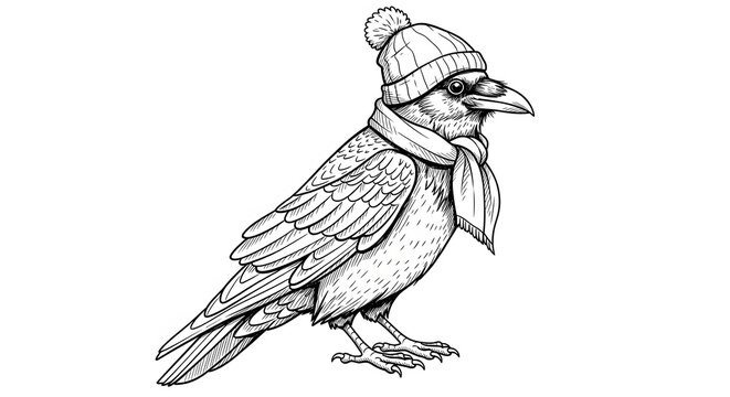 Illustration of a crow wearing a winter hat and scarf