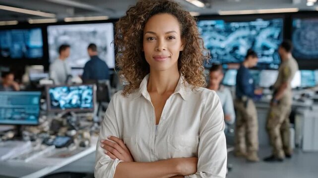 Focused Professional in Control Room: A confident woman with curly hair stands with her arms crossed in a bustling control room, amidst screens displaying data and a team working in the background.