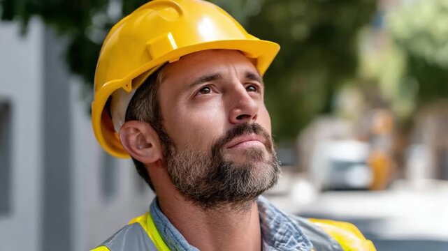 Construction Worker's Gaze: A focused construction worker, wearing a yellow hard hat and safety vest, looks upwards with a thoughtful expression, surrounded by an urban construction environment.