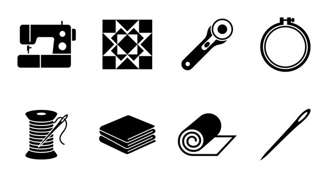 Sewing Machine, Quilt Block, Rotary Cutter, Hoop Icons: Crafting & Sewing Vector Set