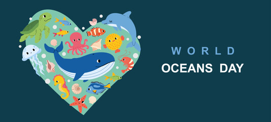 World oceans day banner with cute sea animals. Whale, octopus, turtle, jellyfish, crab, seastar and shrimp. Perfect for eco themes posters and summer design. Flat vector illustration. © Nataliia Vyshnytska