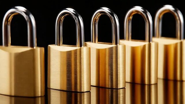 Golden Locks in a Row: A series of gleaming brass padlocks stand in neat formation against a dark, reflective surface, symbolizing security and protection.