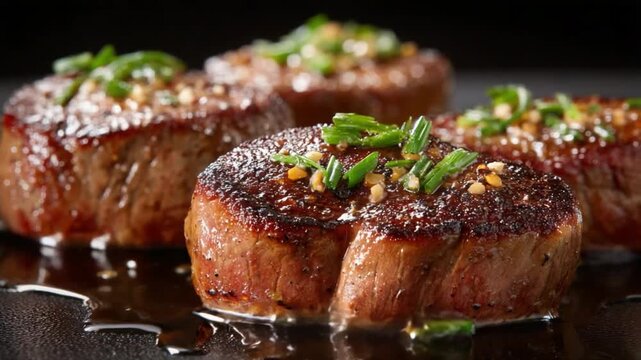 Juicy Filet Mignon Steaks: Four perfectly seared, juicy filet mignon steaks are artfully arranged and garnished with fresh green herbs and garlic, promising a gourmet dining experience.